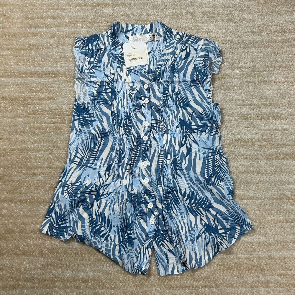 Gaya Women's Blue White Tropical Leaf Print Button-Front Top Blouse